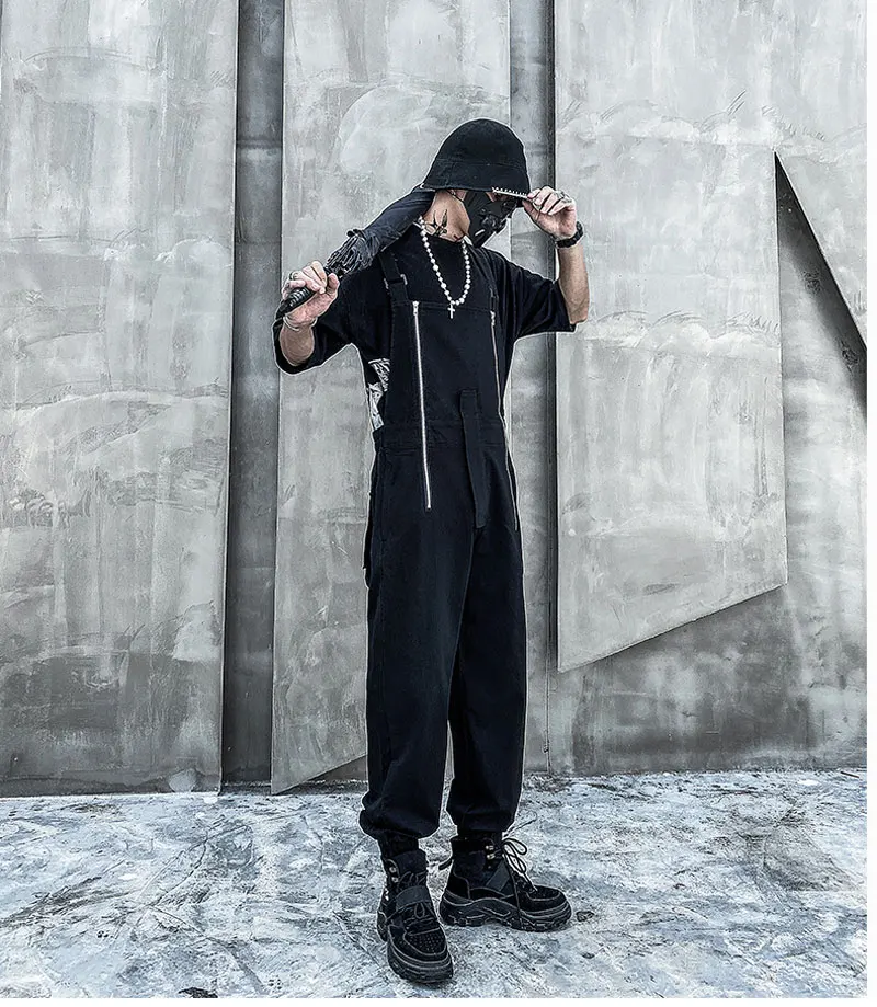 2021 Summer Overalls Men Woman Bib Jumpsuits Multi-Pocket Zipper Tie Feet Cool Street Hip Hop Coverall Pants Black Trousers