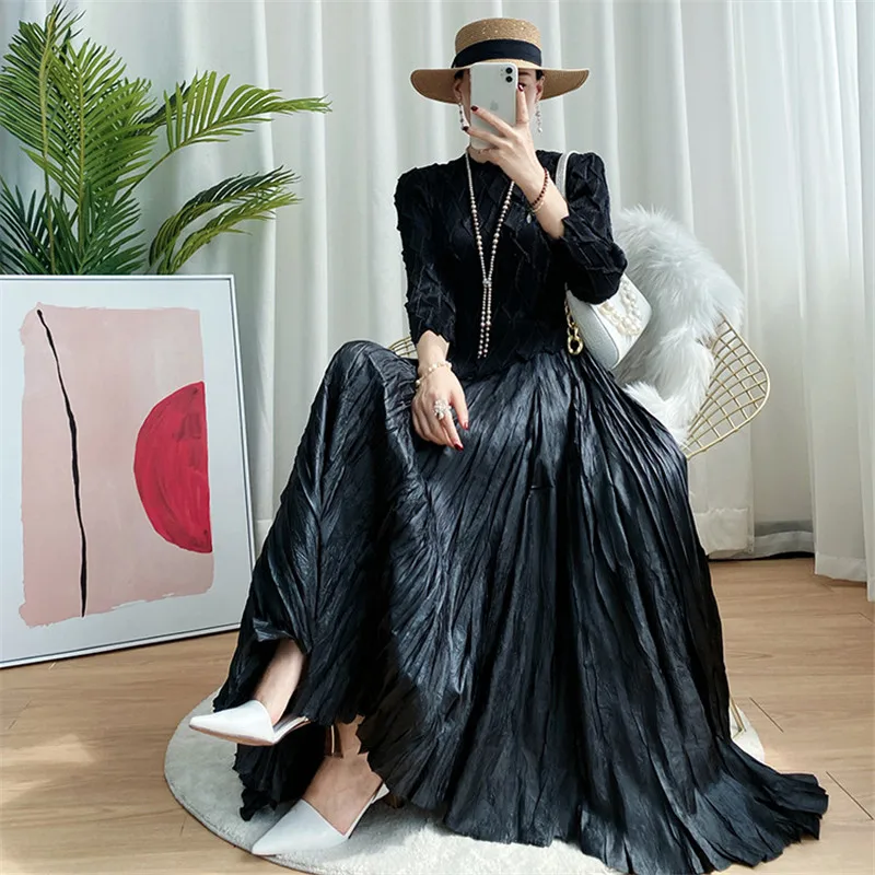 Miyake pleated dress women's 2022 spring new large size handmade pleated long-sleeved stretch slim mother's day dress Vestidos