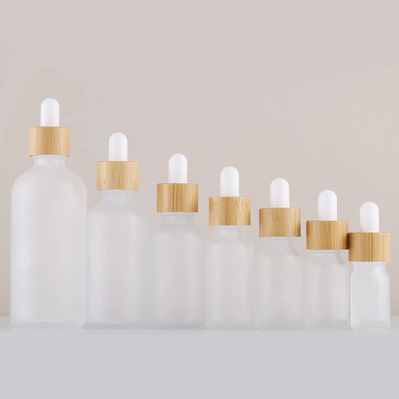 10Pcs/lot 5ml 10ml 30ml 50ml Frosted Glass Dropper Bottles With Bamboo Lid Empty Essential Oil Bottles With Glass Pipettes