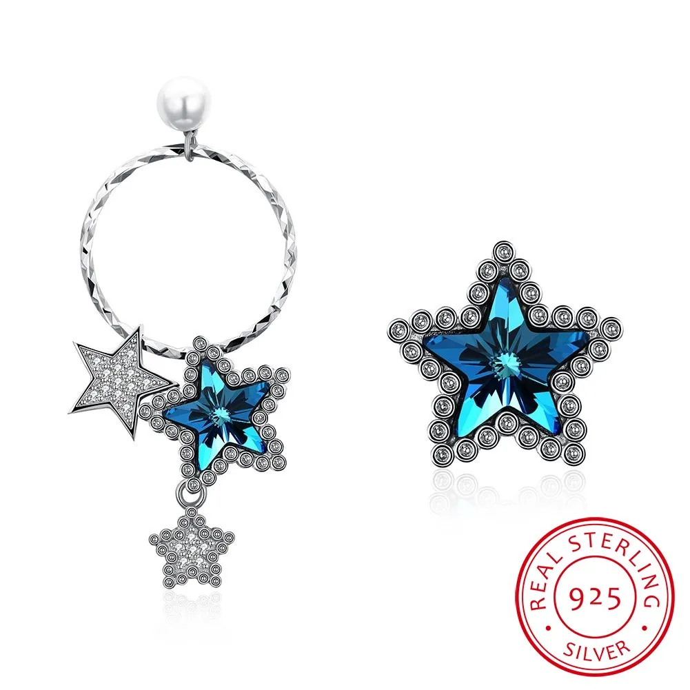 

Women Asymmetrical Sterling Silver 925 Stud Earrings Crystals from Lekani Stars Earrings S925 Hoop Dangle Stud Lady Earrings