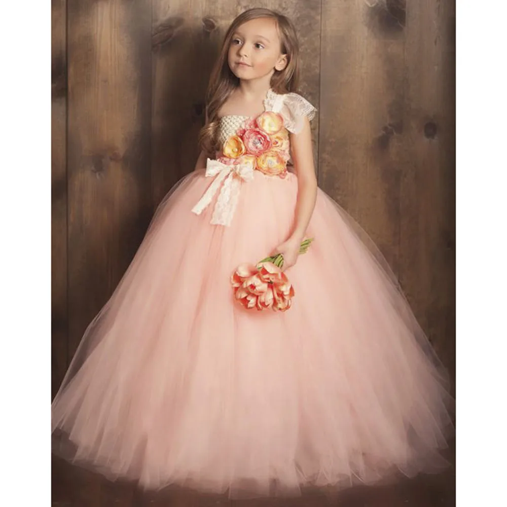 Girls Pink Vintage Lace Flower Tutu Dress Kids Crochet Long Tulle Dress Ball Gown with Bow Children Wedding Party Costume Dress