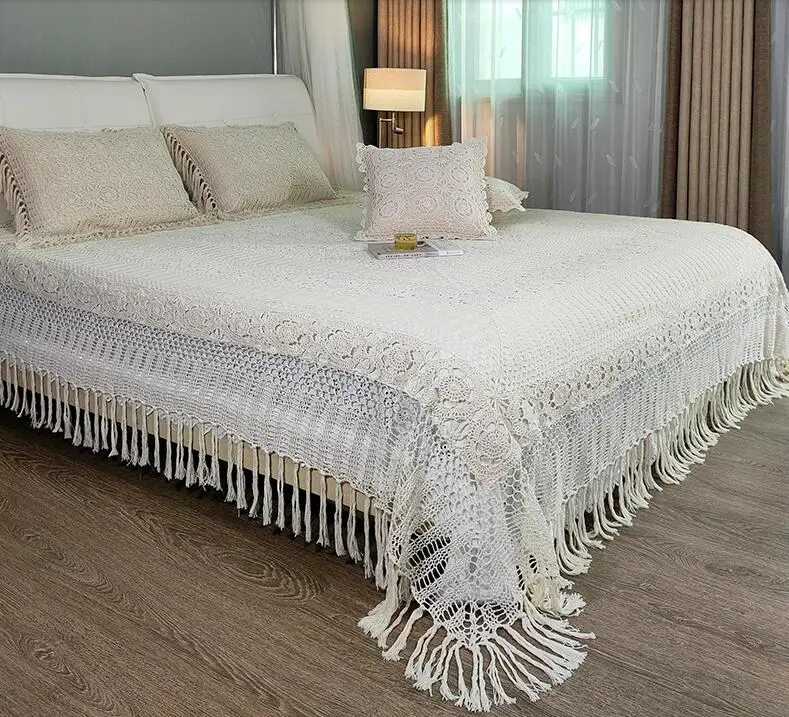 Freies Verschiffen Patoral Stil Handgemachte Häkeln Haken Bettdecke Quaste Bettdecken Bett Spitze quaste Bettwäsche Sets Prinzessin bett blatt