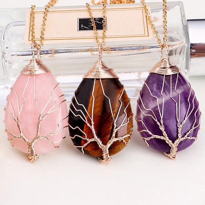 

Tree of Life Pendant Necklace For Women Hand Woven Copper Wire Wrapped Rock Crystal Quartz Stone Healing Chakra Necklace Jewelry