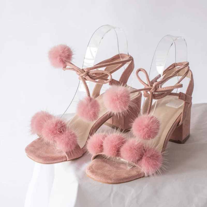 Pink Camel Mink Fur Ball Lace Up Sandal Summer Open Toe Woman Ankle Strap Gladiator Bobbles Bandage Party Shoes