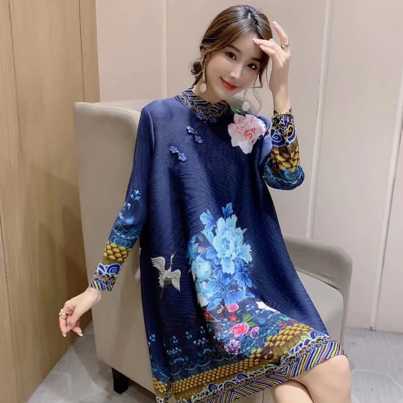 

Retro Style Buckle Wide Mrs. Pleated Dress 2023 Autumn New Fashion Print Western Style Loose Large Size Skirt Woman Dress