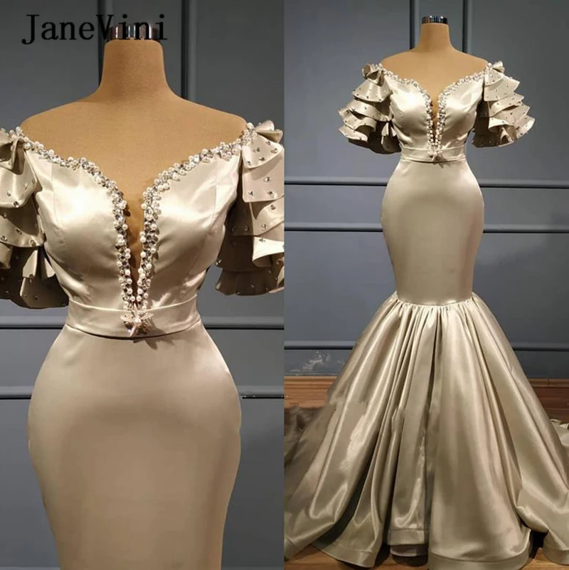 JaneVini – robe de soirée de forme sirène, tenue de soirée élégante, Champagne, épaules dénudées, perles, Satin arabe dubaï, 2020