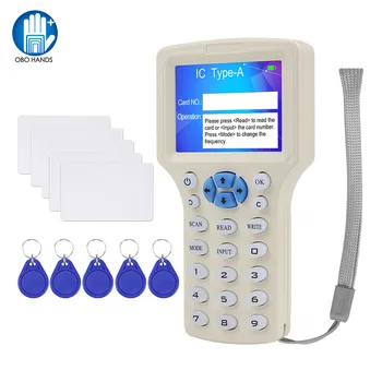 English 10 frequency RFID duplicator copier writer card reader key fobs programmer USB ID 125KHz 13.56MHz encrypted code decoding