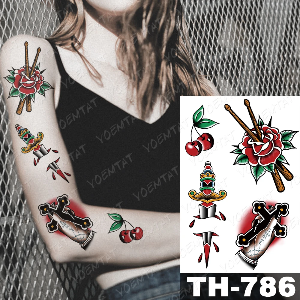 Waterproof Temporary Tattoo Sticker Old School Cherry Chess Sword Flash Tattoos Rose Swallow Body Art Arm Fake Tatoo Women Men