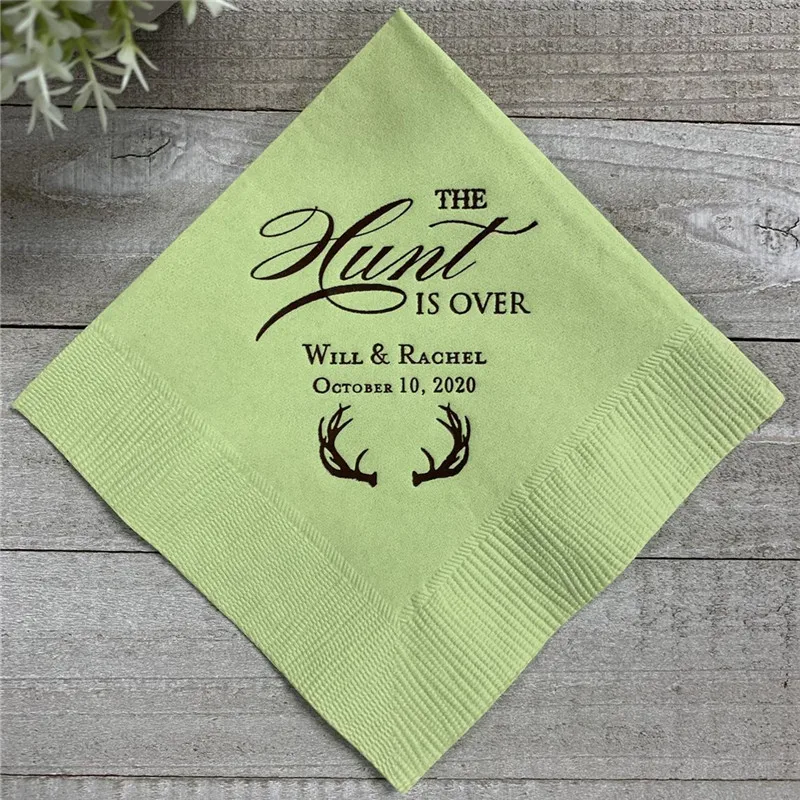 

Custom Antlers Deer Horns The Hunt is Over Rustic Country Printed Napkins Beverage Cocktail Luncheon Birthday party Baby shower