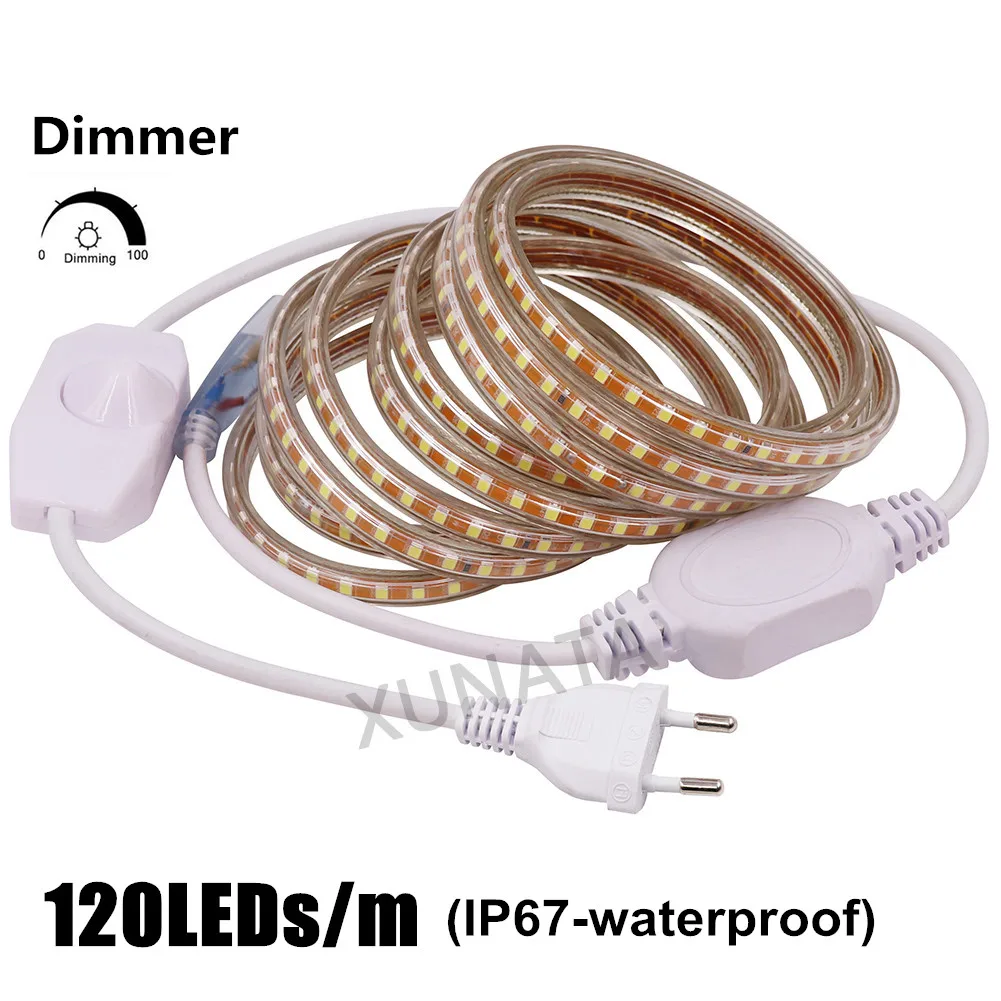 

220V LED Strip Waterproof Outdoor Lighting SMD 2835 120 LEDs/m Ribbon Tape Flexible LED Light Lamp With EU Dimmer Plug