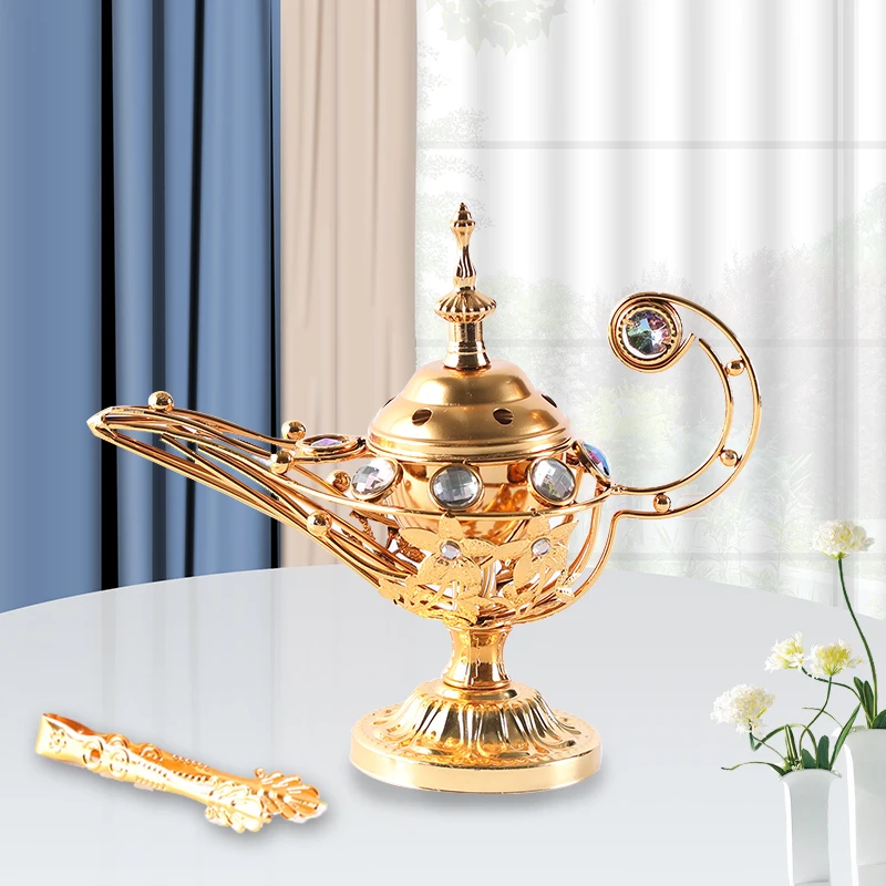 Aladdin Lamp Decoration Arab Aroma Stove Incense Burner Luxury Golden Incense Holder Aroma Diffuser Metal Decorations Crafts