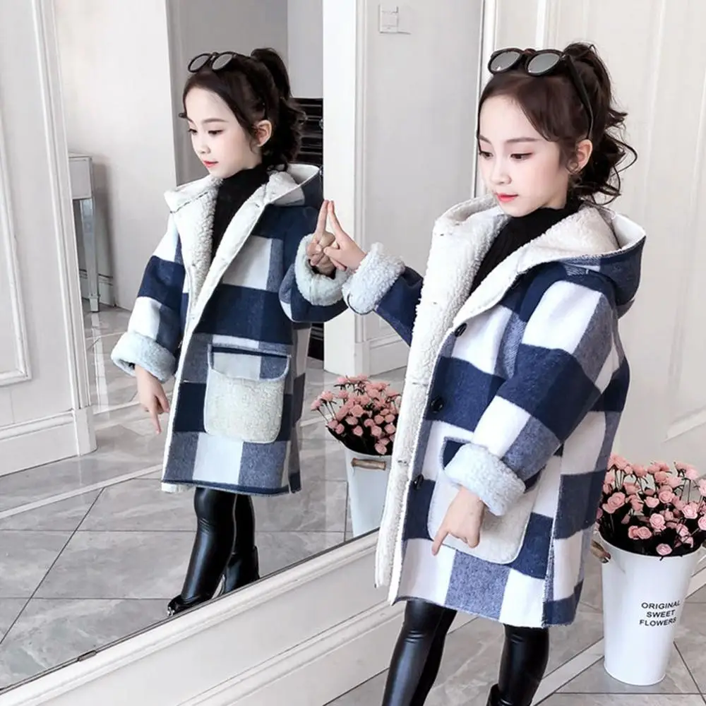 Snowsuit Kids Thick Lambsool Parka Girls Plaid Hooded Long Jackets Coat Toddler Winter Clothes  4-14Years Teen Children Overcoat