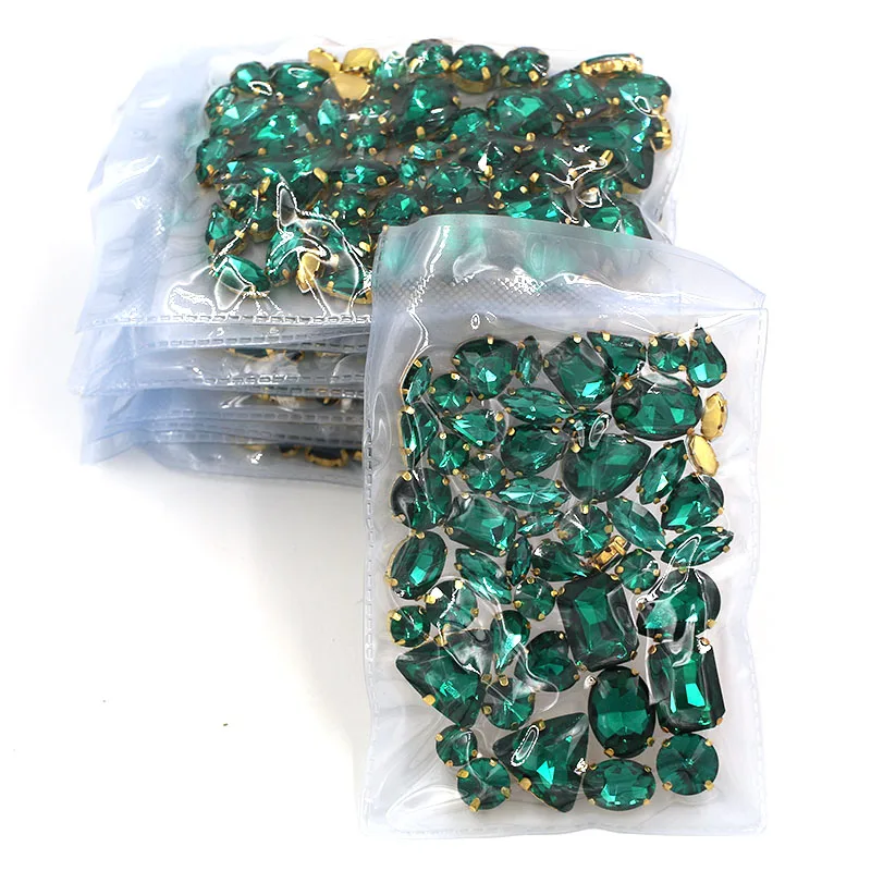 Wholesale 5 bags mixed shape sew on glass Malachite Green gold base rhinestones diy dress/Clothing accessories