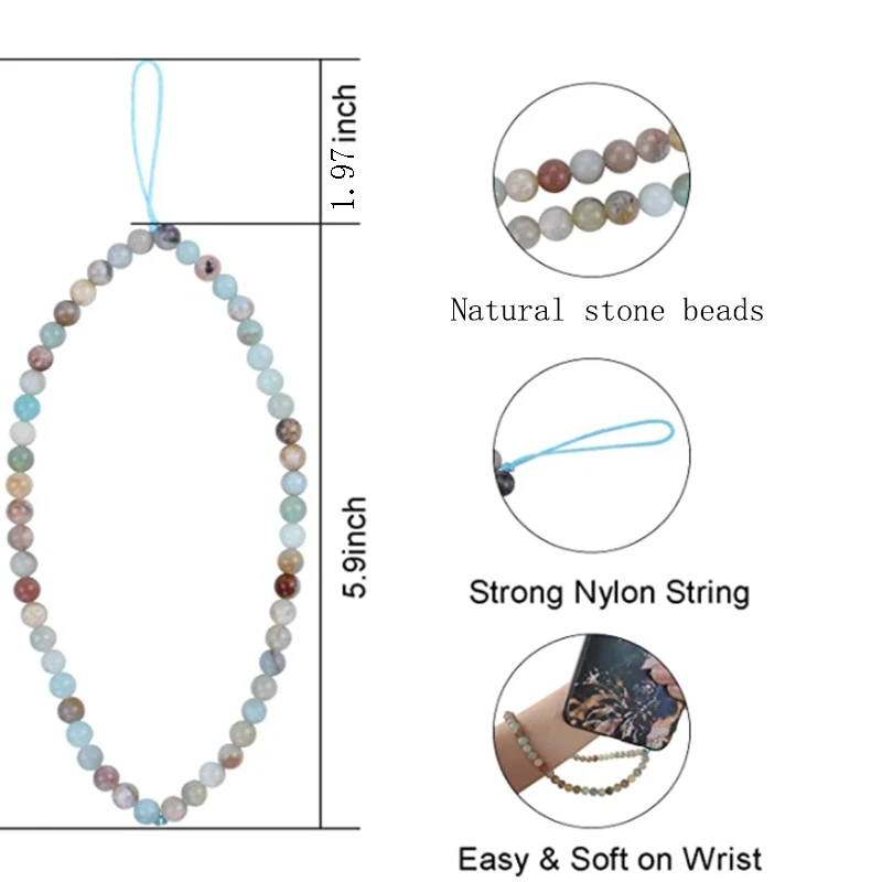 Phone Chain Beaded Strap Wrist Mobile Phone Lanyard Key 6mm Tiger Eye Black Onyx Amazonite Gemstone Jewelry for Men and Women
