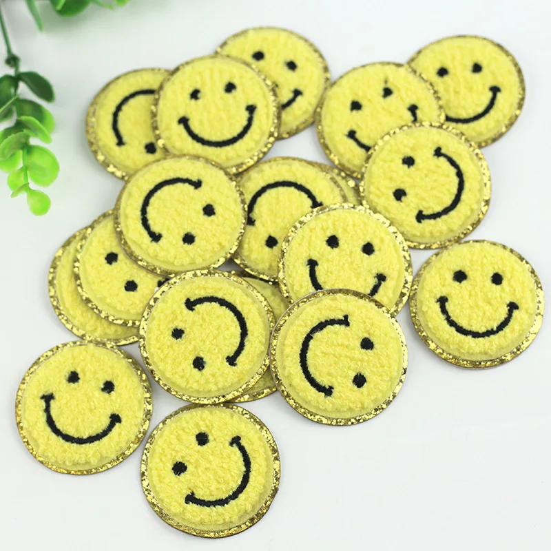 3 Colorful glitter gold rim Chenille Iron on Patches Embroider patch Towel Smile sticker for DIY school bag Applique Round Badge