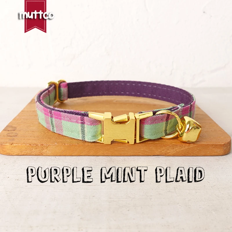 MUTTCO retail with platinum high quality metal buckle collar for cat PURPLE MINT PLAID design cat collar 2 sizes UCC099B