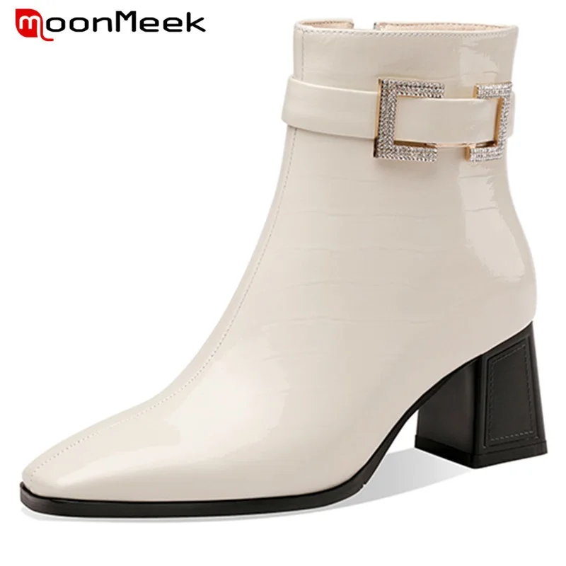 

MoonMeek Cowhide Shoes Zipper Buckle Ankle Boots Fashion Square Heels Ladies Boots Winter Hand Made Big Size Women High Quality