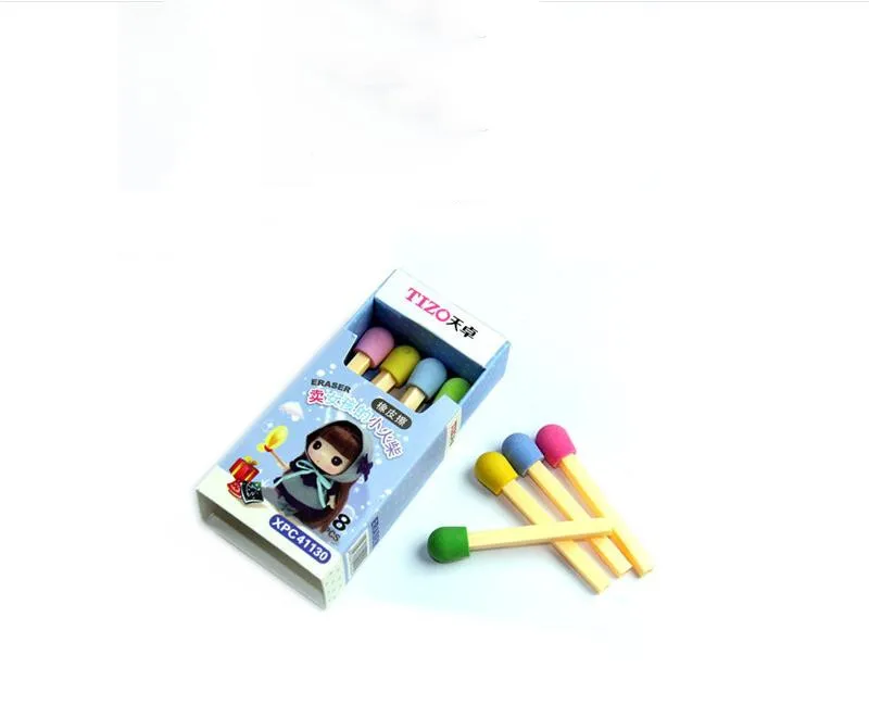 8 pcs/pack Cute Kawaii Matches Eraser Lovely Colored Eraser for Kids Students Kids Creative Item Gift