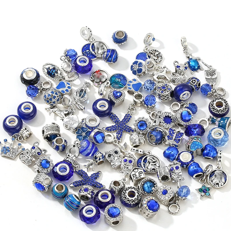 10Pcs/20Pcs 5000 Styles Mixed Random Delivery Blue Beads Crystal Charms Fit Brand Europe Bracelet Necklaces For Women Jewelry