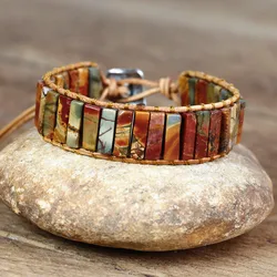 Women Men Tube Shape Picasso Stone Leather Boho Bracelet Natural Stones Charm Strands Wrap Bracelets Handmade Jewelry