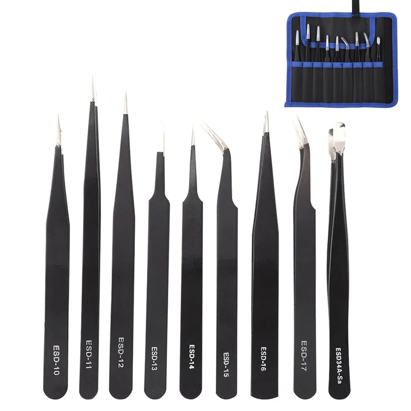 9pcs/set Stainless Steel Black Curved Straight Eyebrow Tweezers Anti-static Nipper Rhinestone Art Picking Tool