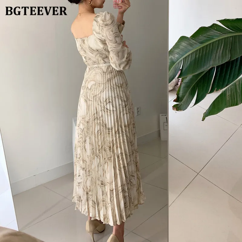 BGTEEVER Elegant Square Collar Women Pleated Dress Long Sleeve Slim Belted Sashes Female Printed Dress Vestidos 2021