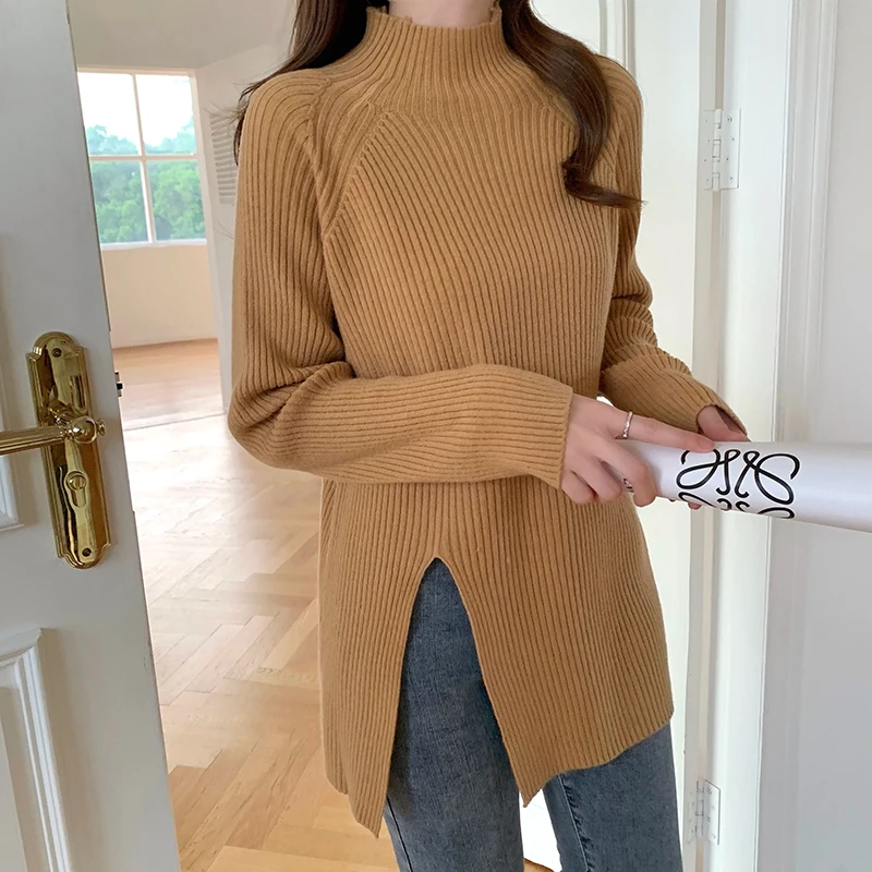 High Street Loose Long Knitted Sweater Women Hem Slits Ribbed Pullover Solid Turtleneck Ladies Sweaters Autumn Winter Pull Femme