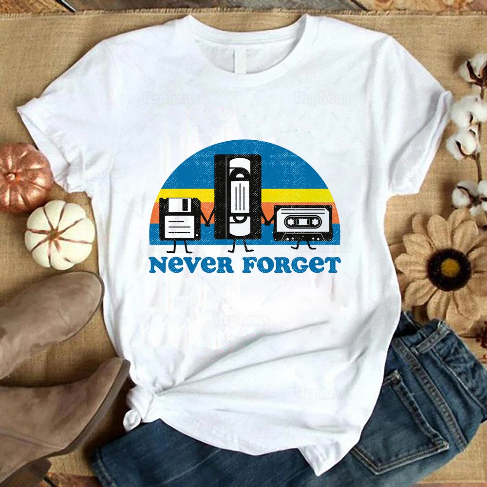 90s 80s Never Forget Retro Shirt Vintage Old Objects Nostalgia Tshirt Funny Vhs Tapes Disks 100% Cotton Graphic Summer Tees