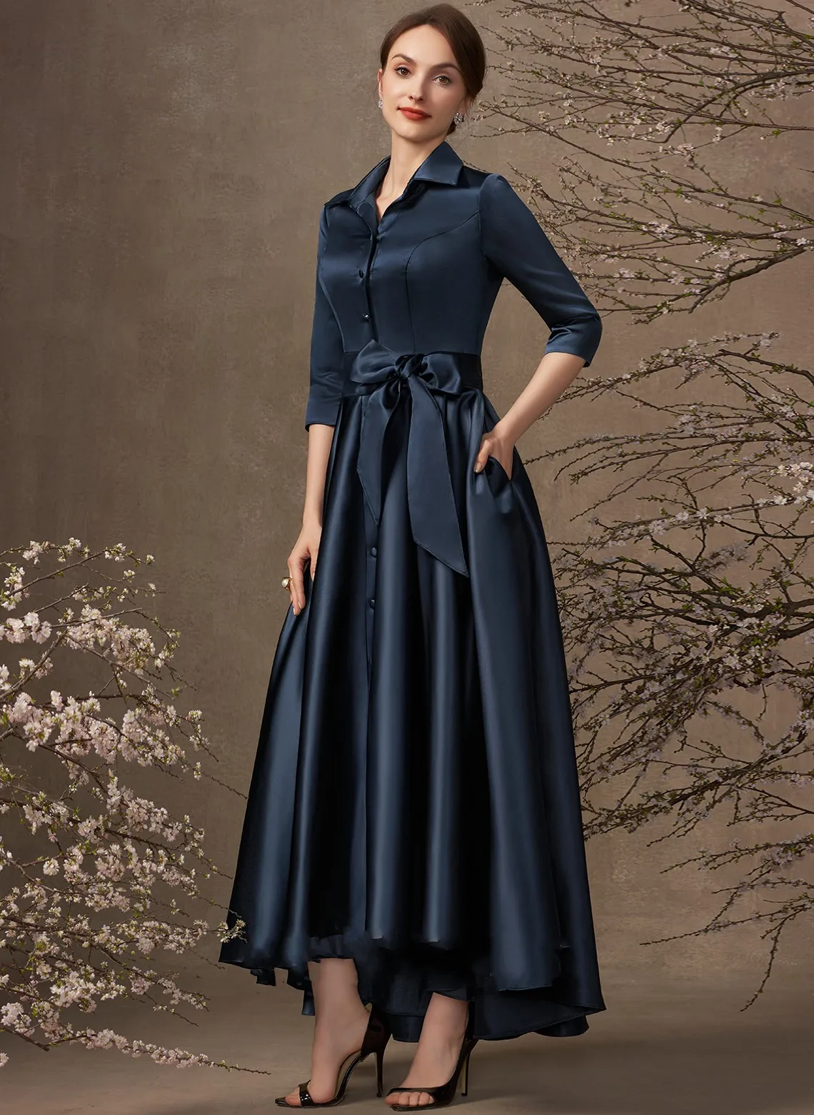 Robe de soirée élégante arabe bleu marine, ligne A, col en V, satin, Rhde promo, robe éducative, Fi.C., soirée 123