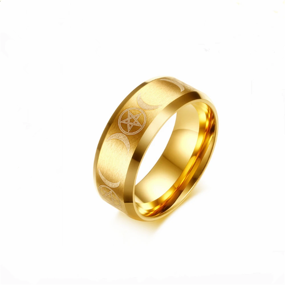 Stainless Steel Triple Moon Goddess Wicca Pentacle Ring Crescent Moon Pentagram Pagan Rings For Women Men Jewelry Freeship