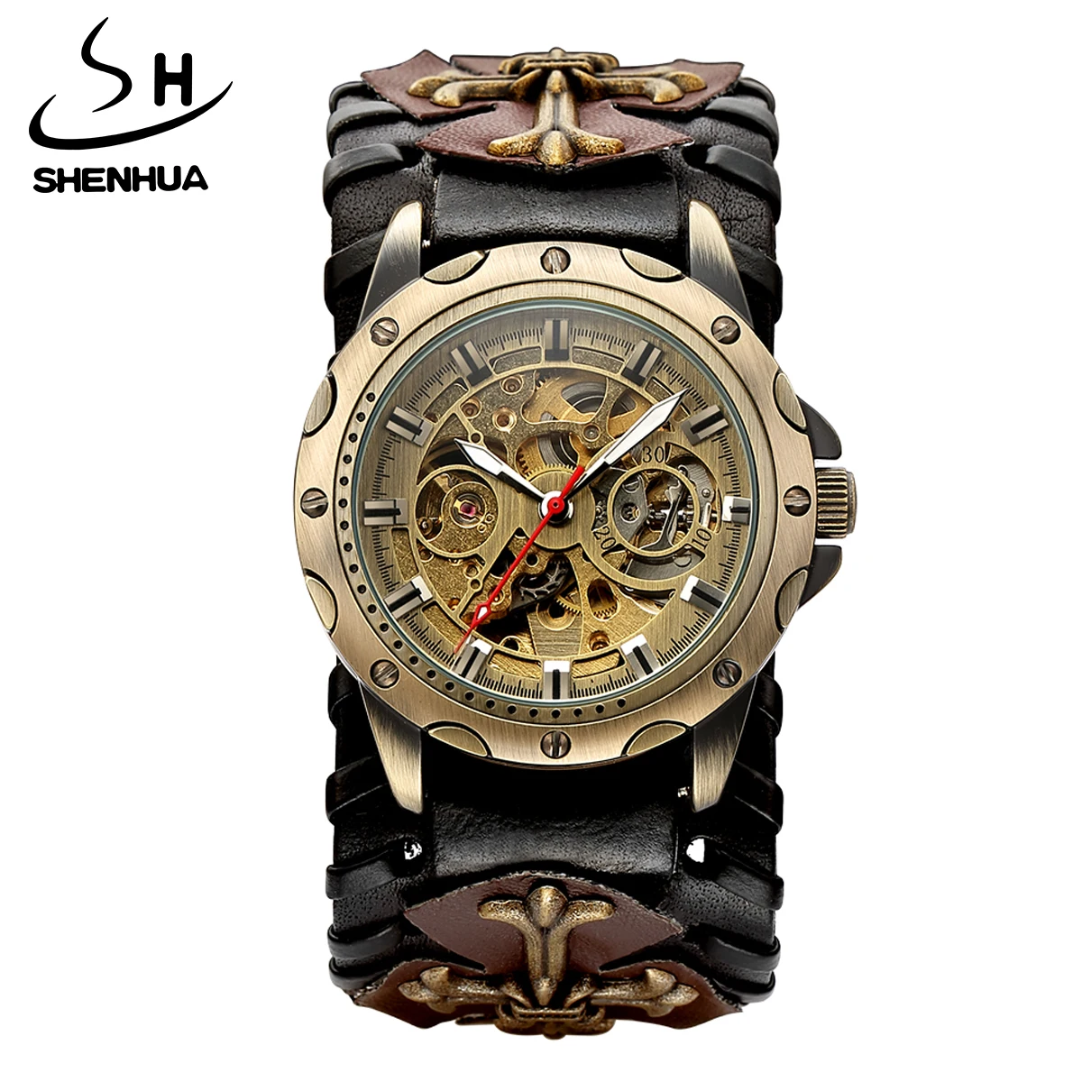 SHENHUA Vintage Gothic Clock Brown Rock Stainless Steel Steampunk Skeleton Tourbillon Men Automatic Mechanical Luminous Watch