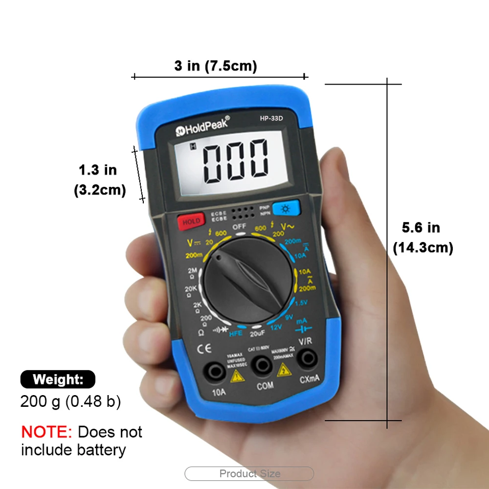 HP-33D Digital Manual Multimeter DC/AC Voltage Current Resistance Diode Tester with Data Hold,Shock Protection,Measuring Cable