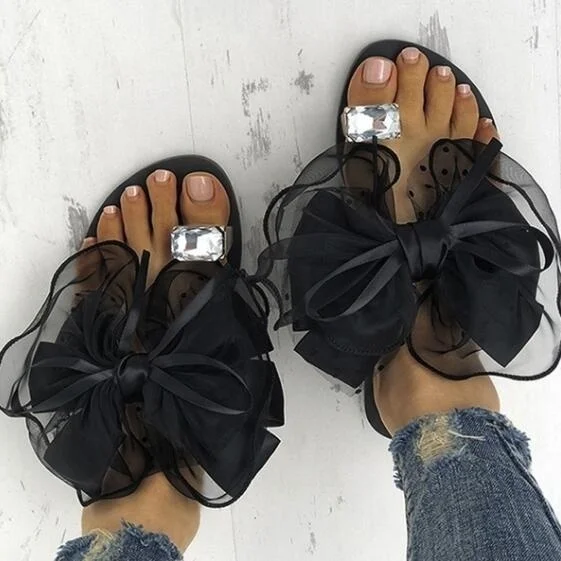 Sweet bow tie lace floral ladies flat slippers fashion crystal rhinestone girl slippers outdoor beach shoes plus size 35-42