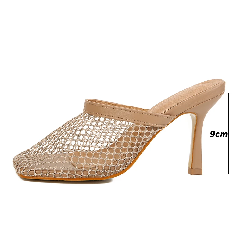 Kcenid New Summer Mules Shoes Women Sexy Hollow Mesh Square Toe Shoes For Women High Heels Summer Party Pumps Apricot Black