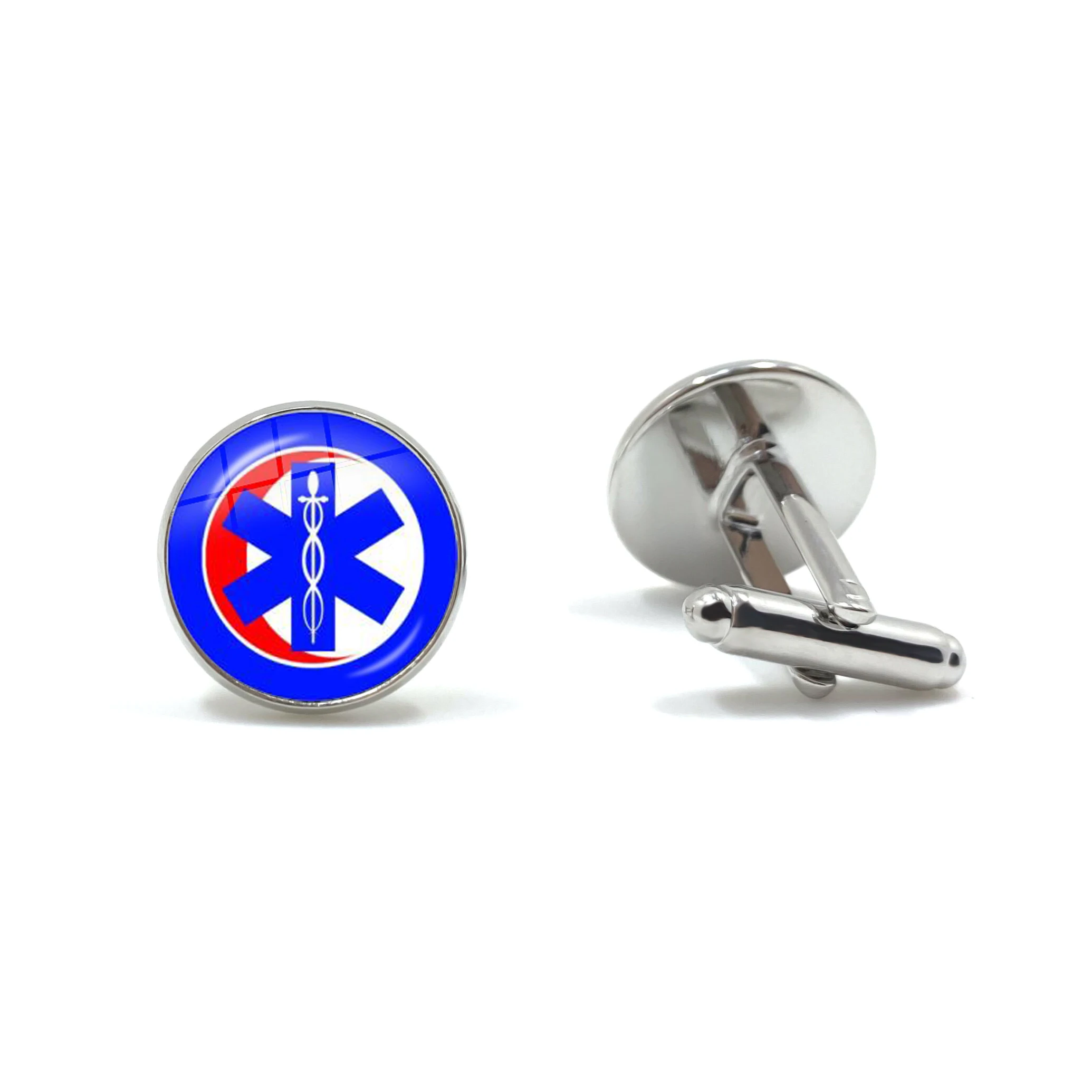 Emergency Medical Technician Paramedic Symbol Logo Cufflinks Glass Cabochon Blue Star of Life EMT Sign Cuff Button For Male Gift