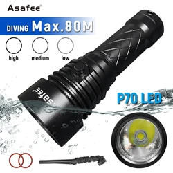 Asafee 80M Underwater Lantern XHP70 LED 2500LM Scuba Diving Flashlight 350M Range Torch Press Switch Lamp Waterproof