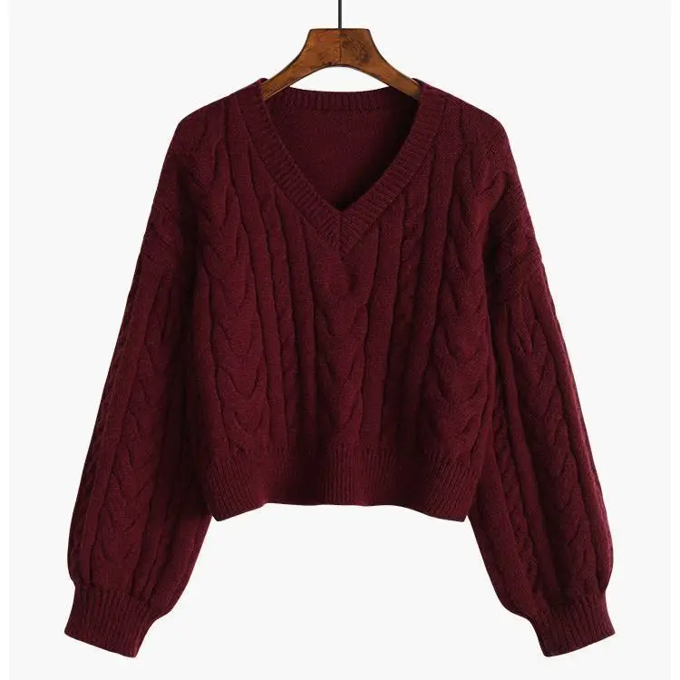 Women Sweater 2021 Autumn and Winter New V-neck Twist Sweater Women\'s Outer Wear Puff Sleeve Thicken Pullover Short Knitting Top