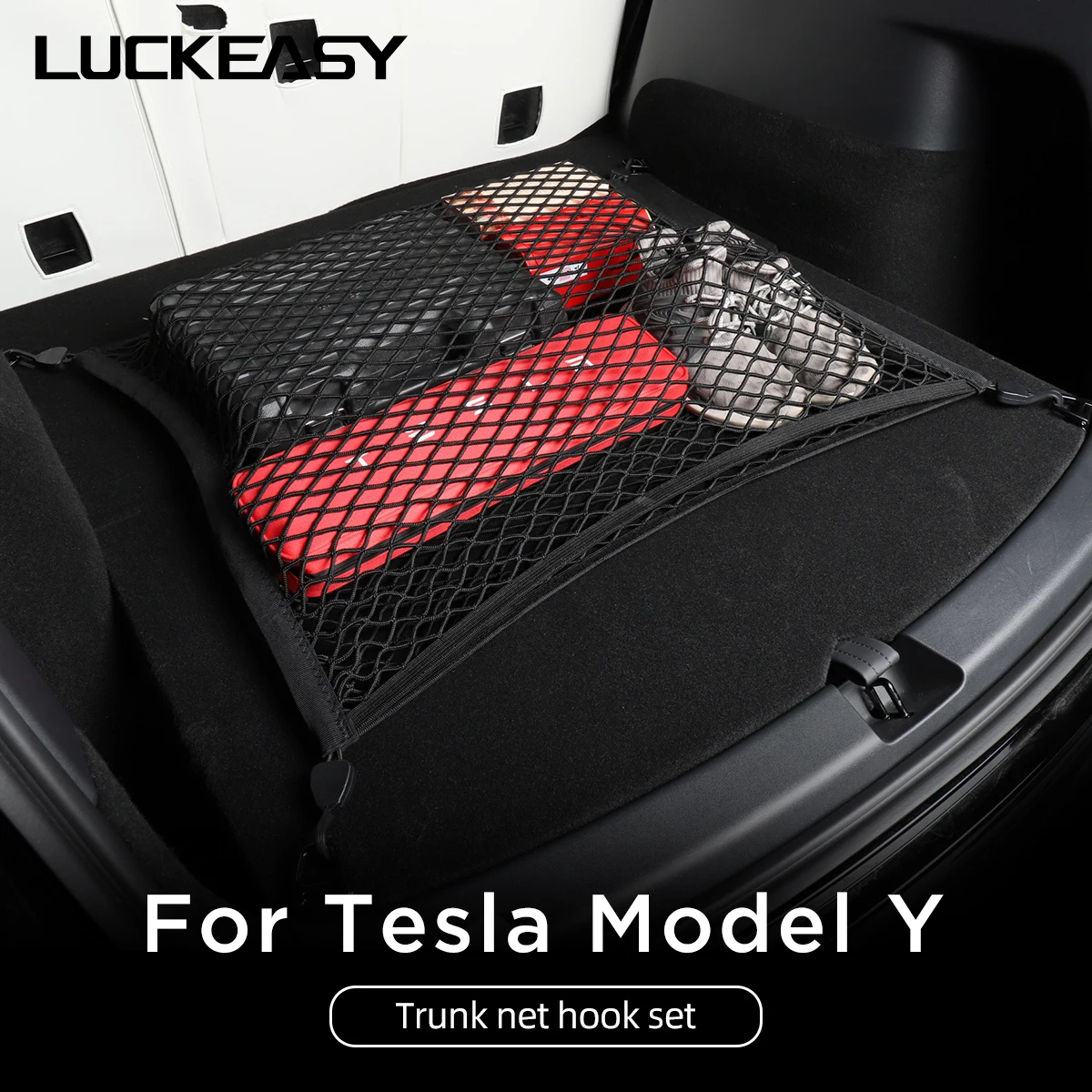 

LUCKEASY Interior Modification Functional Accessories For Tesla ModelY 2020-2024 Car Trunk Luggage Storage Net Bag Hook 4pcs/Set