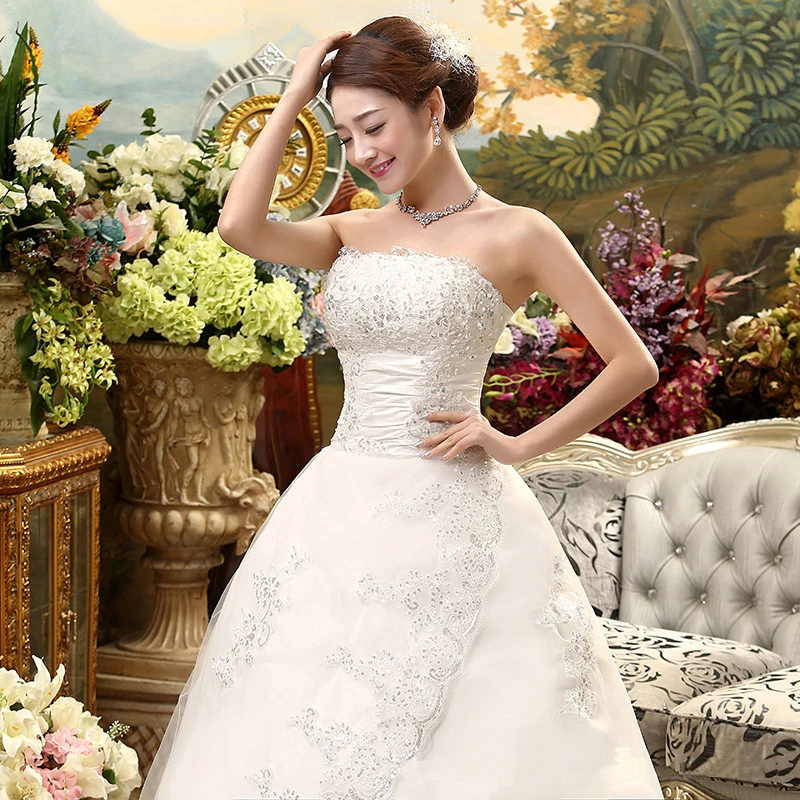 AnXin SH flower lace white vintage strapless beading crystal sleeveless ball gown white lace up customized wedding dress