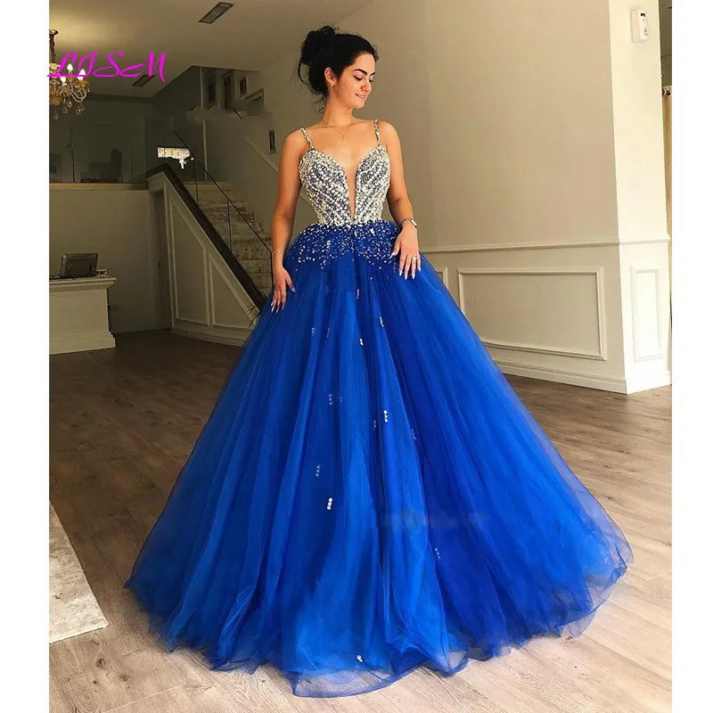 Vestido largo de fiesta de princesa con purpurina de cristal, tirantes finos, escote Corazón, vestido de noche árabe, Azul Real