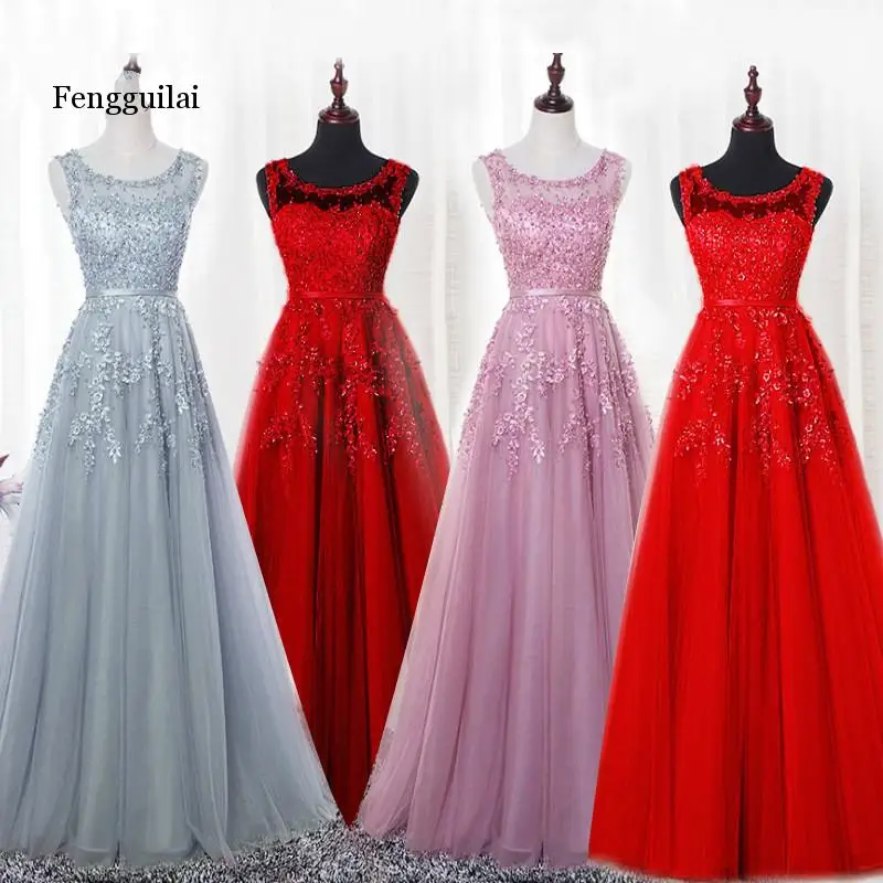 Fengguilai Hot Sell Elegant Floor Length Women Girls Dresses Appliques Beads Formal Party Dresses Pink Red Navy Blue