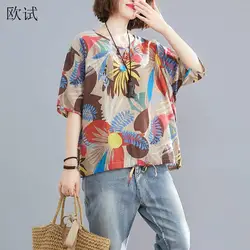 Oversized Cotton Linen T Shirt Summer Women Floral Print Tshirt Casual V Neck Tops T-Shirt Femme Vintage Tee Shirts 2022