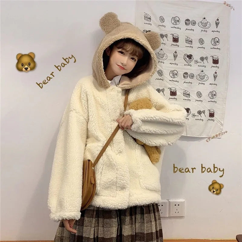 Women Lolita Teddy Hooded Soft Girl Soft Fabric Sweet Kawaii Bear Ears Coat  Japanese Ins Cute Plush White Jacket Youthful Parka