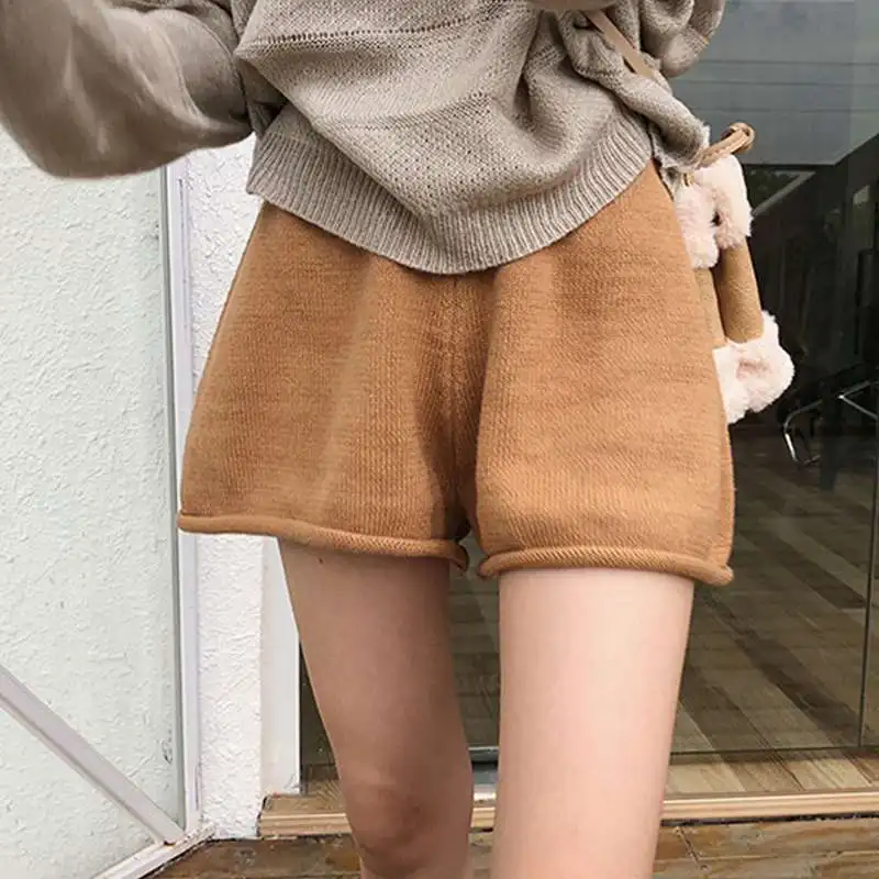 Loose Curled Wide Leg Knitted Shorts For Women Solid Color Summer Autumn Simple High Waist Casual Shorts Trousers Hotpants C7571