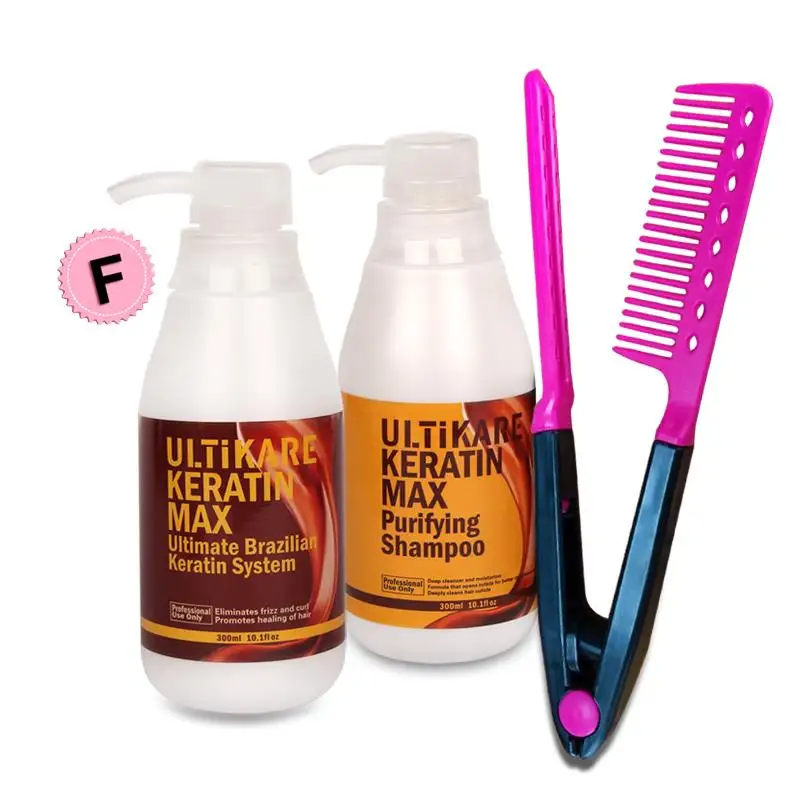 

Free Formalin Keratin Free Gift Comb+300ml Brazilian Keratin Hair Treatment+300ml Purifying Shampoo Hair Straighten and Care Set