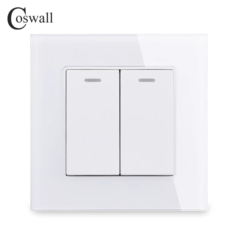 COSWALL 2 Gang 1 Way Crystal Tempered Glass Panel Light Switch On / Off Rocker Wall Switch Interruptor 16A Black White Grey Gold