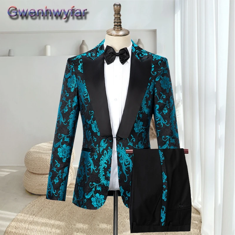 

Gwenhwyfar Black Peaked Lapel Wedding Suit For Men,2022 Custome Homme Mariage,Two Pieces Print Groom Tuxedos,Blazers+Pants Set