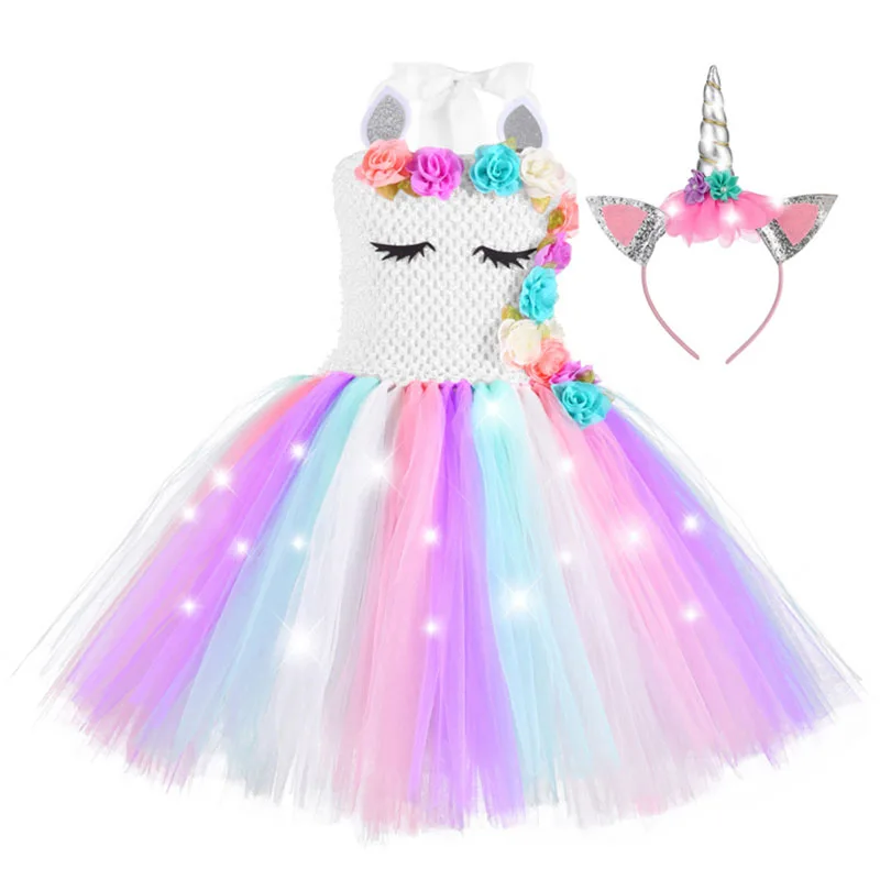 Girl Unicorn Dresses for Girls Tutu Princess Party Dresses with LED Lights Flower Birthday Party Cosplay Costume Girls Clothing