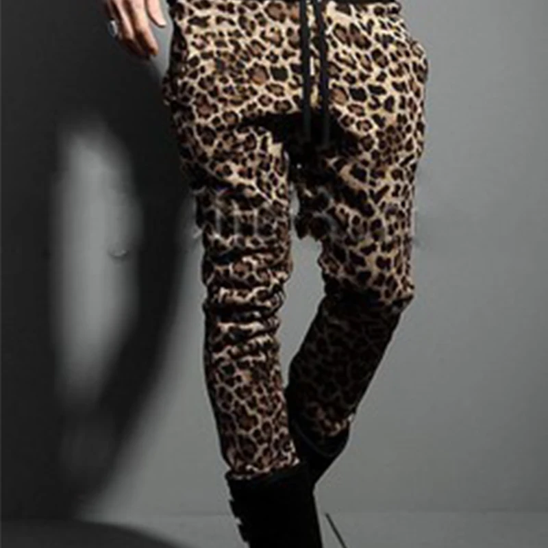 Spring Korean men's men's plus size long pants personality handsome leopard slim fit casual pants track pants