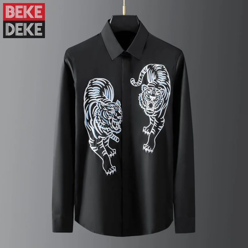 Black Gothic Mens Embroidery Shirts Chemise Homme Slim Fit Casual Long Sleeve New Harajuku High Street Tops Party Shirt Clubwear